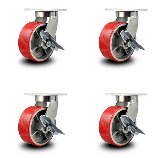 8 Inch Heavy Duty Red Poly on Cast Iron Swivel Caster Set with Brakes, 4PK